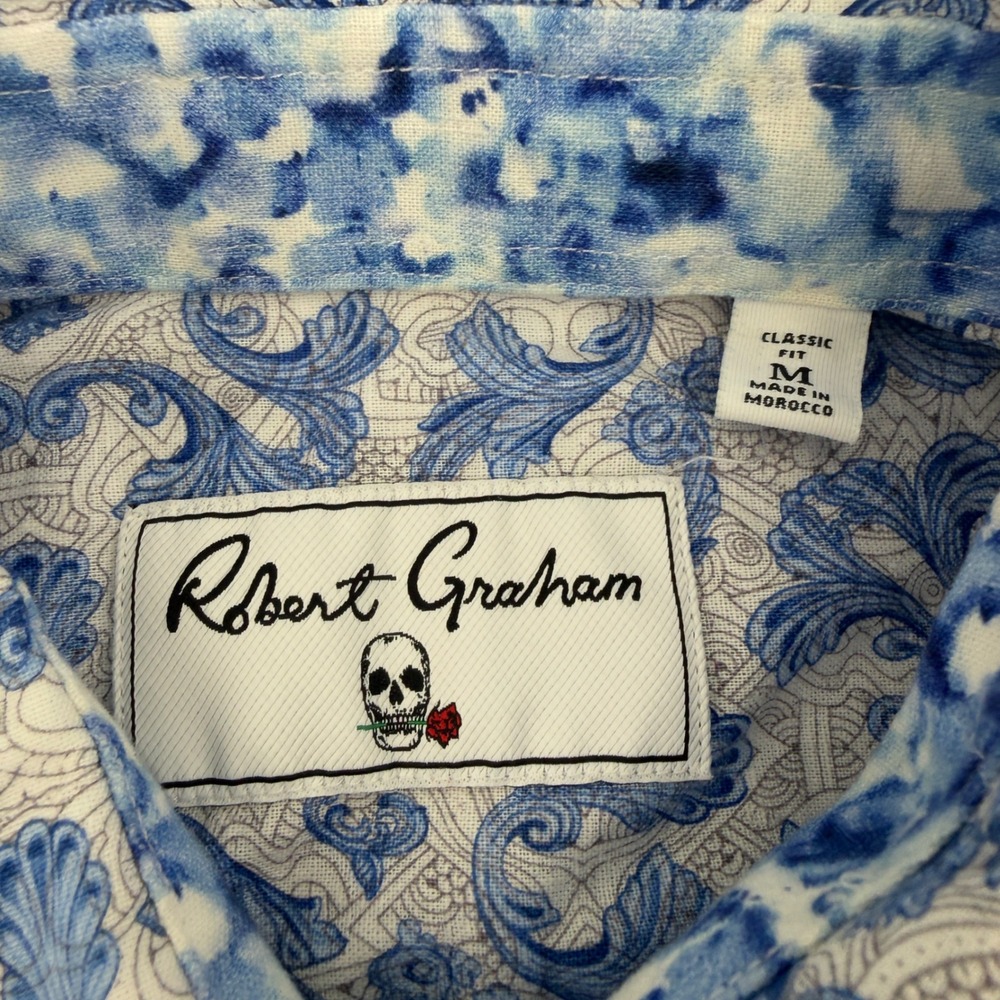 Robert Graham Mens Classic Fit Blue Scroll Print Linen Blend Shirt Size M - Picture 2 of 8